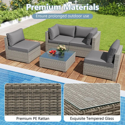 5-Piece Outdoor Patio Sectional Sofa Couch and Glass Coffee Table with Cushions-Gray - Gray - Patio Conversation Sets