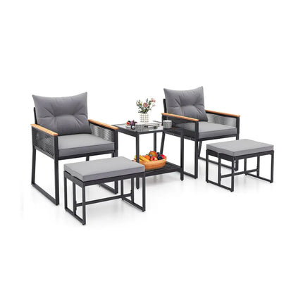 5 Piece Outdoor Rattan Conversation Set with 2-Layer Side Table and 2 Ottomans-Gray - Gray - Patio Conversation Sets