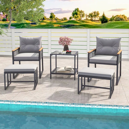 5 Piece Outdoor Rattan Conversation Set with 2-Layer Side Table and 2 Ottomans-Gray - Gray - Patio Conversation Sets