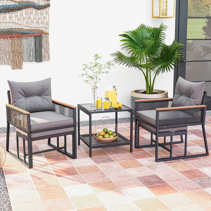 5 Piece Outdoor Rattan Conversation Set with 2-Layer Side Table and 2 Ottomans-Gray - Gray - Patio Conversation Sets