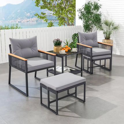 5 Piece Outdoor Rattan Conversation Set with 2-Layer Side Table and 2 Ottomans-Gray - Gray - Patio Conversation Sets
