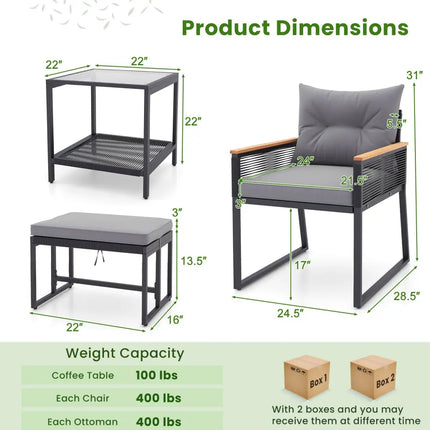 5 Piece Outdoor Rattan Conversation Set with 2-Layer Side Table and 2 Ottomans-Gray - Gray - Patio Conversation Sets