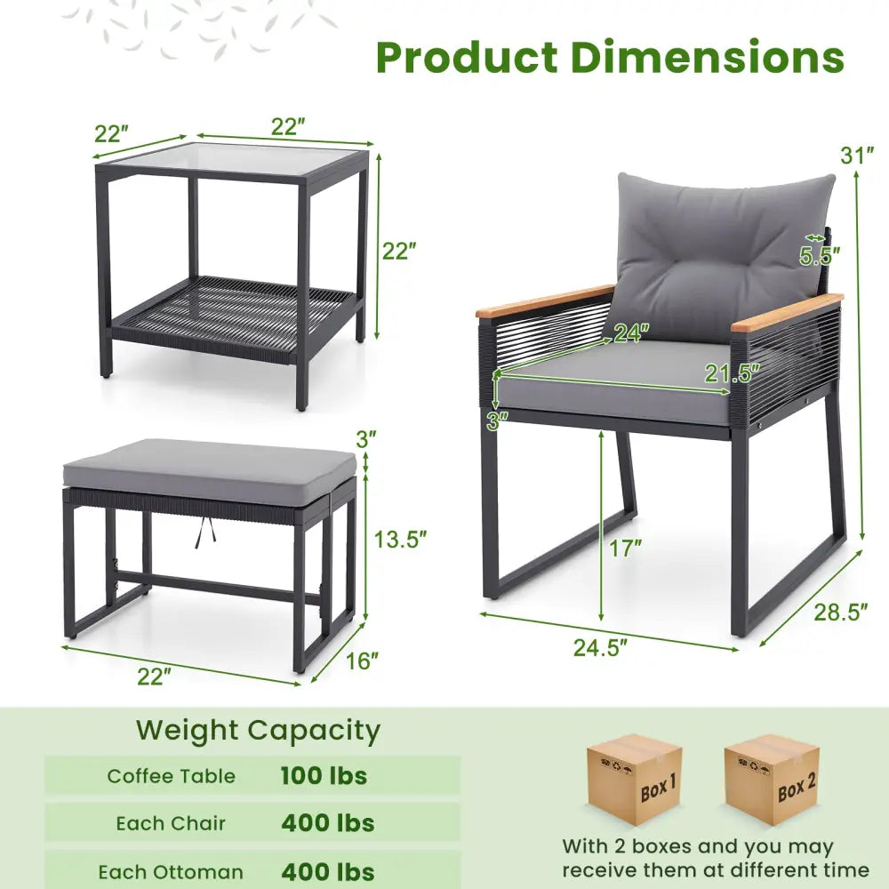 5 Piece Outdoor Rattan Conversation Set with 2-Layer Side Table and 2 Ottomans-Gray - Gray - Patio Conversation Sets