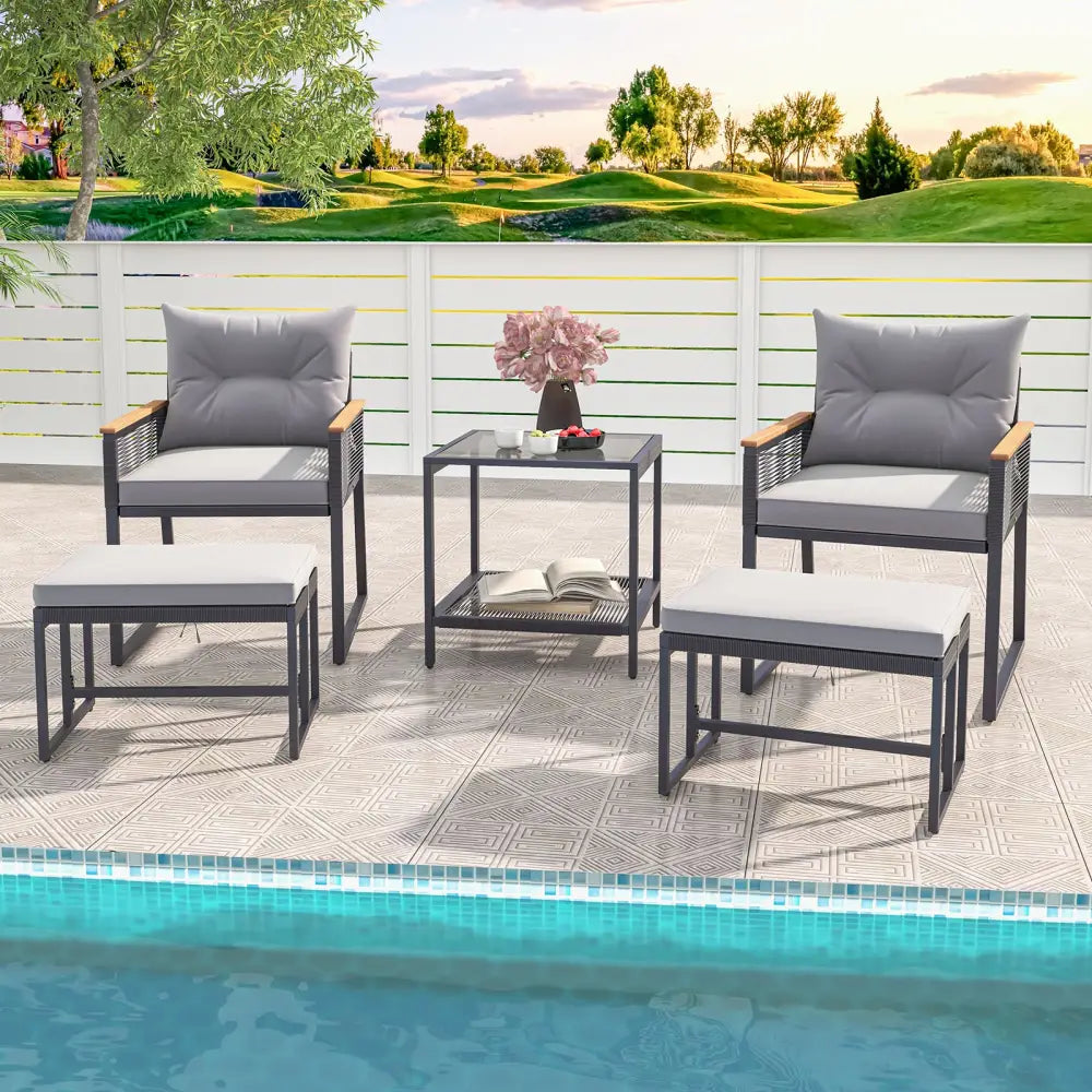 5 Piece Outdoor Rattan Conversation Set with 2-Layer Side Table and 2 Ottomans-Gray - Gray - Patio Conversation Sets