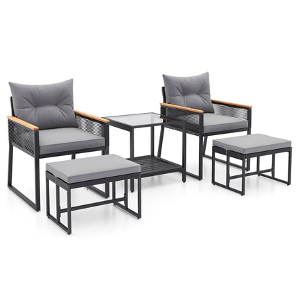 5 Piece Outdoor Rattan Conversation Set with 2-Layer Side Table and 2 Ottomans-Gray - Gray - Patio Conversation Sets