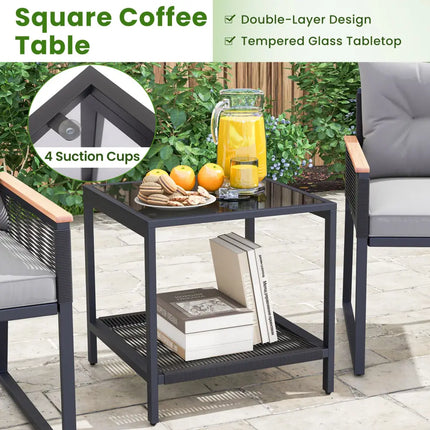5 Piece Outdoor Rattan Conversation Set with 2-Layer Side Table and 2 Ottomans-Gray - Gray - Patio Conversation Sets