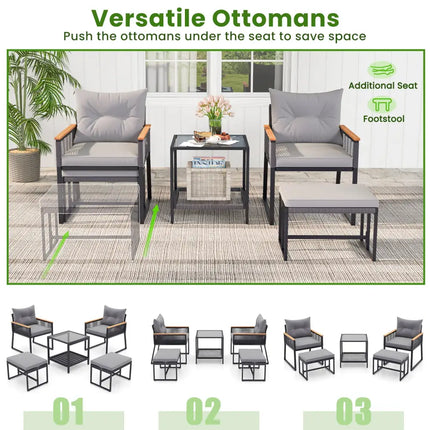 5 Piece Outdoor Rattan Conversation Set with 2-Layer Side Table and 2 Ottomans-Gray - Gray - Patio Conversation Sets