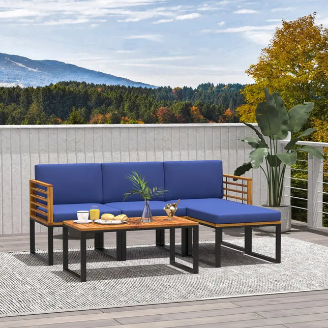 5-Piece Patio Acacia Wood Chair Set with Ottoman and Coffee Table-Navy - Navy - Patio Conversation Sets