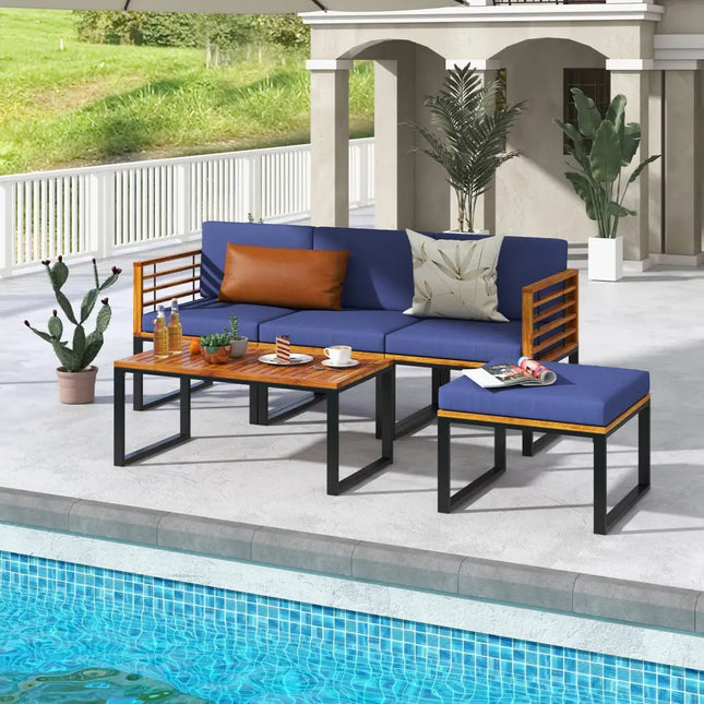 5-Piece Patio Acacia Wood Chair Set with Ottoman and Coffee Table-Navy - Navy - Patio Conversation Sets