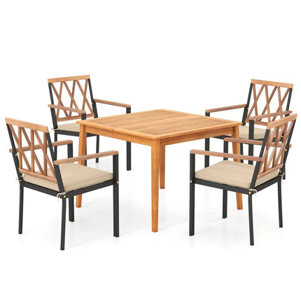 5 Piece Patio Acacia Wood Dining Set Solid Wooden Dining Furniture with Umbrella Hole - Natural - Patio Dining Sets