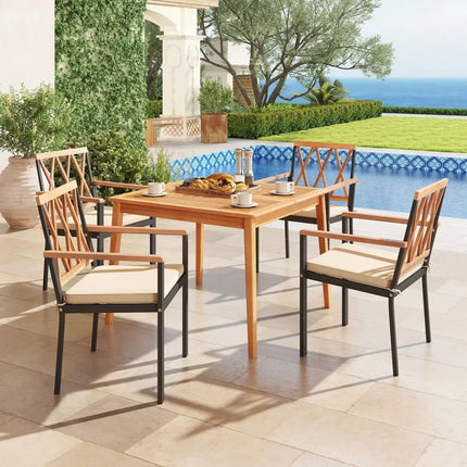 5 Piece Patio Acacia Wood Dining Set Solid Wooden Dining Furniture with Umbrella Hole - Natural - Patio Dining Sets