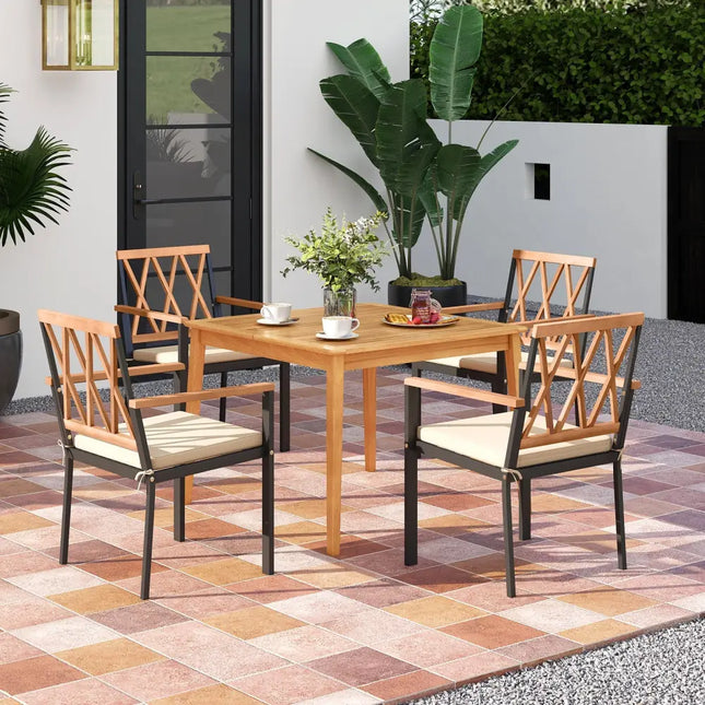 5 Piece Patio Acacia Wood Dining Set Solid Wooden Dining Furniture with Umbrella Hole - Natural - Patio Dining Sets