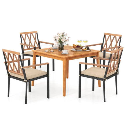 5 Piece Patio Acacia Wood Dining Set Solid Wooden Dining Furniture with Umbrella Hole - Natural - Patio Dining Sets
