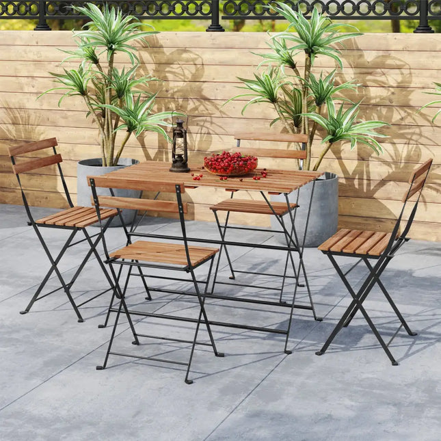 5 Piece Patio Acacia Wood Dining Set with 4 Folding Chairs-Brown - Brown - Patio Dining Sets