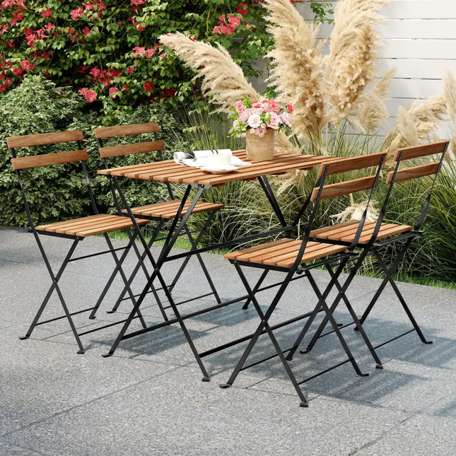 5 Piece Patio Acacia Wood Dining Set with 4 Folding Chairs-Brown - Brown - Patio Dining Sets