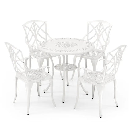 5 Piece Patio Cast Aluminum Dining Table Chair Set Bistro Set with Umbrella Hole-White - White - Patio Furniture Sets