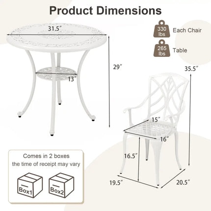 5 Piece Patio Cast Aluminum Dining Table Chair Set Bistro Set with Umbrella Hole-White - White - Patio Furniture Sets
