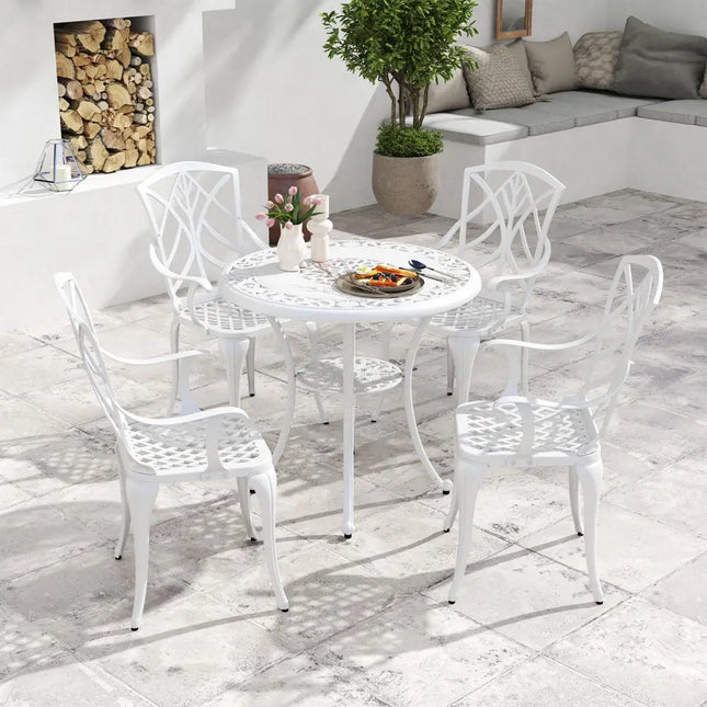 5 Piece Patio Cast Aluminum Dining Table Chair Set Bistro Set with Umbrella Hole-White - White - Patio Furniture Sets