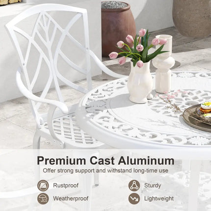 5 Piece Patio Cast Aluminum Dining Table Chair Set Bistro Set with Umbrella Hole-White - White - Patio Furniture Sets