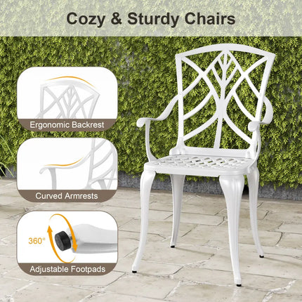 5 Piece Patio Cast Aluminum Dining Table Chair Set Bistro Set with Umbrella Hole-White - White - Patio Furniture Sets