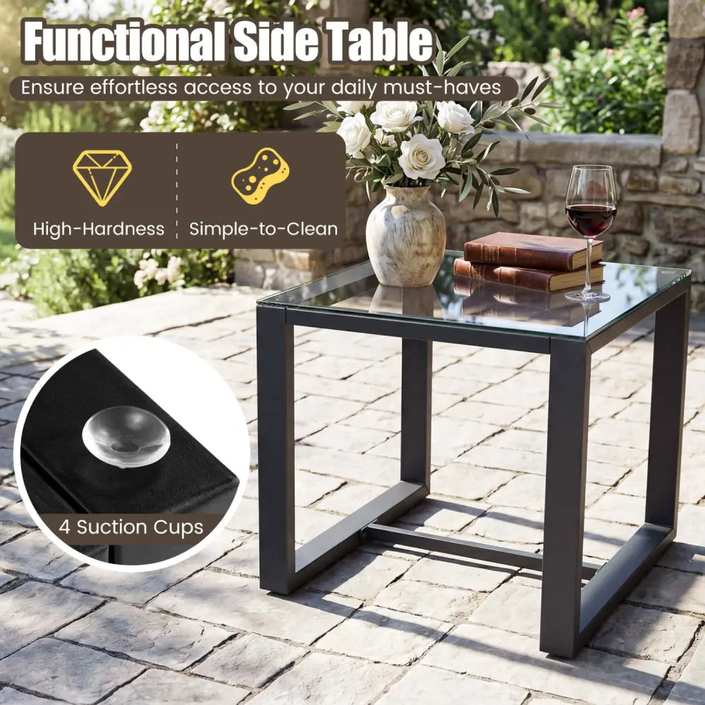 5-Piece Patio Conversation Set with 2 Ottomans and Tempered Glass Side Table-Black - Black - Patio Conversation Sets