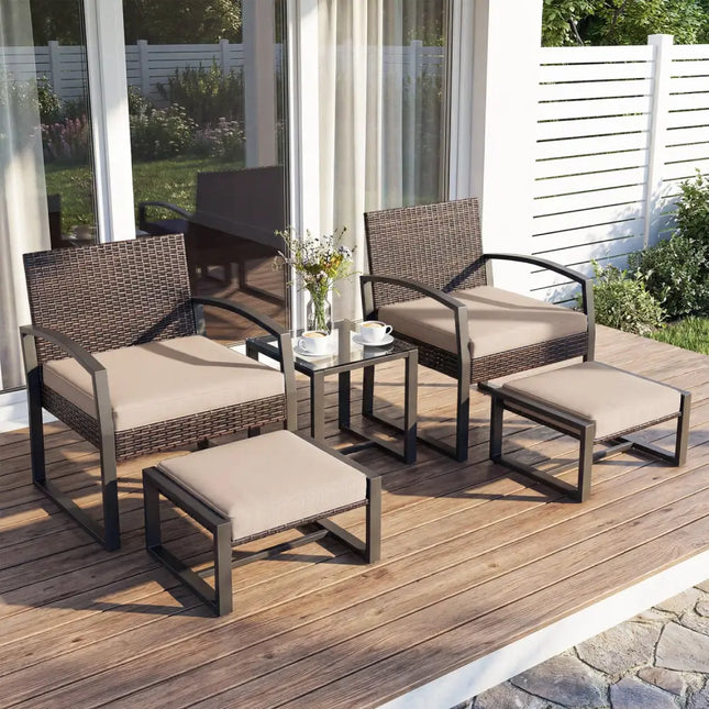5-Piece Patio Conversation Set with 2 Ottomans and Tempered Glass Side Table-Beige - Beige - Patio Conversation Sets