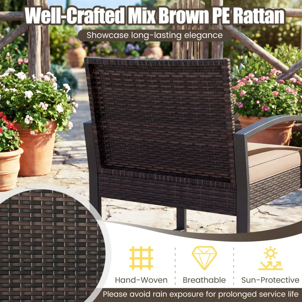 5-Piece Patio Conversation Set with 2 Ottomans and Tempered Glass Side Table-Beige - Beige - Patio Conversation Sets