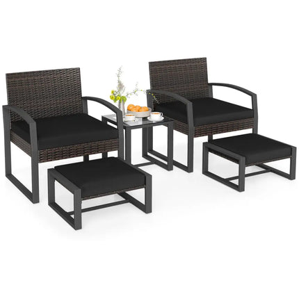 5-Piece Patio Conversation Set with 2 Ottomans and Tempered Glass Side Table-Black - Black - Patio Conversation Sets