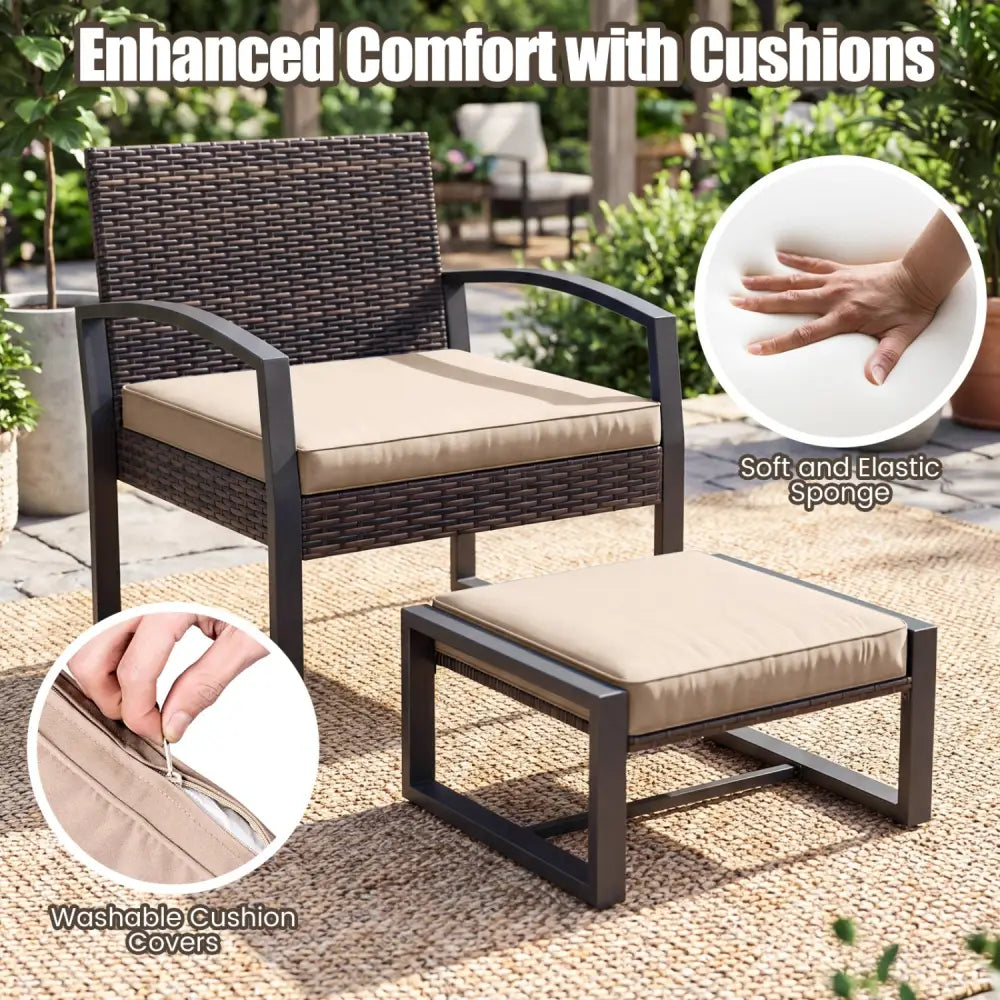5-Piece Patio Conversation Set with 2 Ottomans and Tempered Glass Side Table-Beige - Beige - Patio Conversation Sets