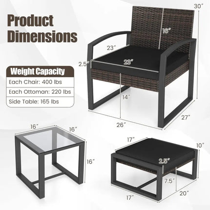 5-Piece Patio Conversation Set with 2 Ottomans and Tempered Glass Side Table-Black - Black - Patio Conversation Sets