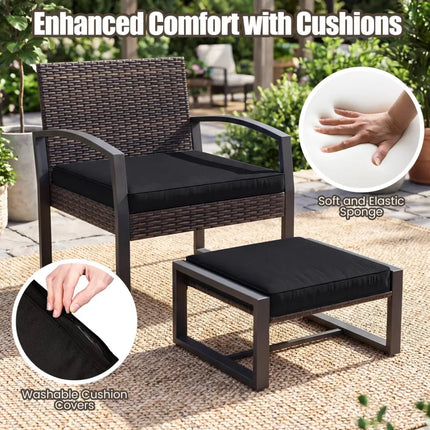 5-Piece Patio Conversation Set with 2 Ottomans and Tempered Glass Side Table-Black - Black - Patio Conversation Sets
