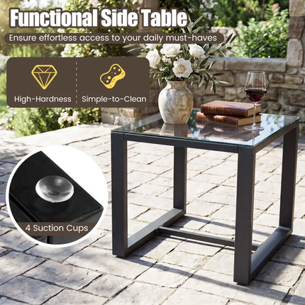 5-Piece Patio Conversation Set with 2 Ottomans and Tempered Glass Side Table-Black - Black - Patio Conversation Sets