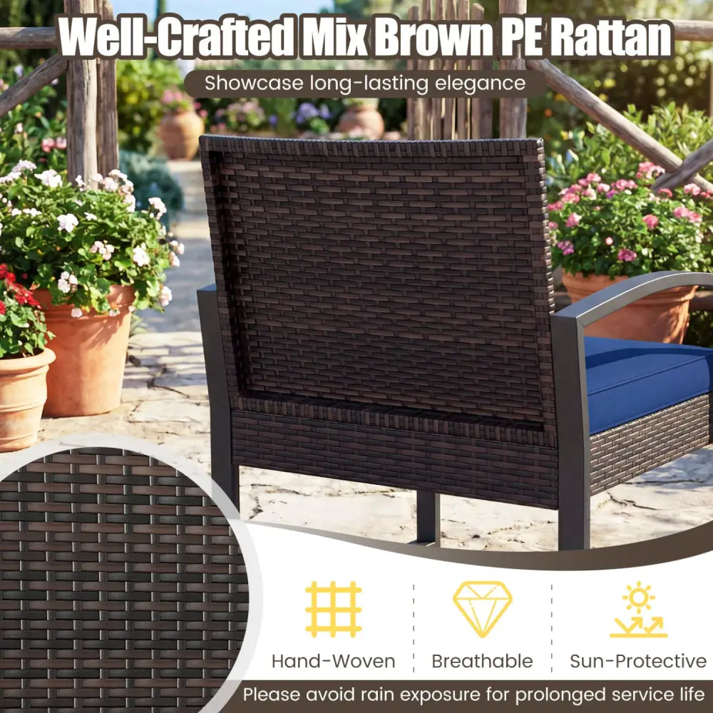 5-Piece Patio Conversation Set with 2 Ottomans and Tempered Glass Side Table-Navy - Navy - Patio Conversation Sets