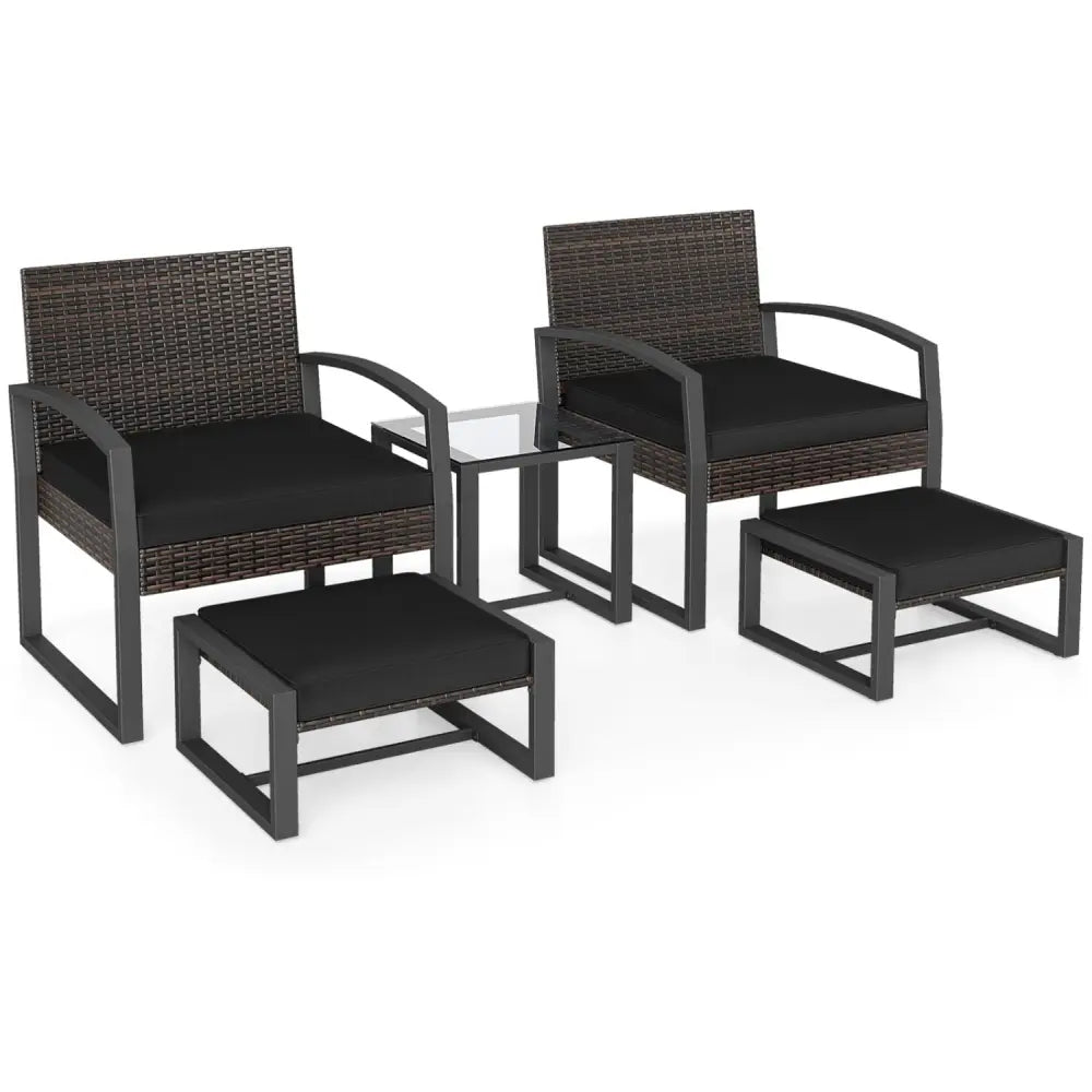 5-Piece Patio Conversation Set with 2 Ottomans and Tempered Glass Side Table-Black - Black - Patio Conversation Sets