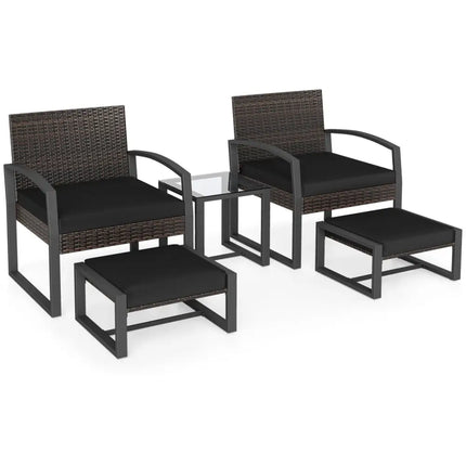 5-Piece Patio Conversation Set with 2 Ottomans and Tempered Glass Side Table-Black - Black - Patio Conversation Sets