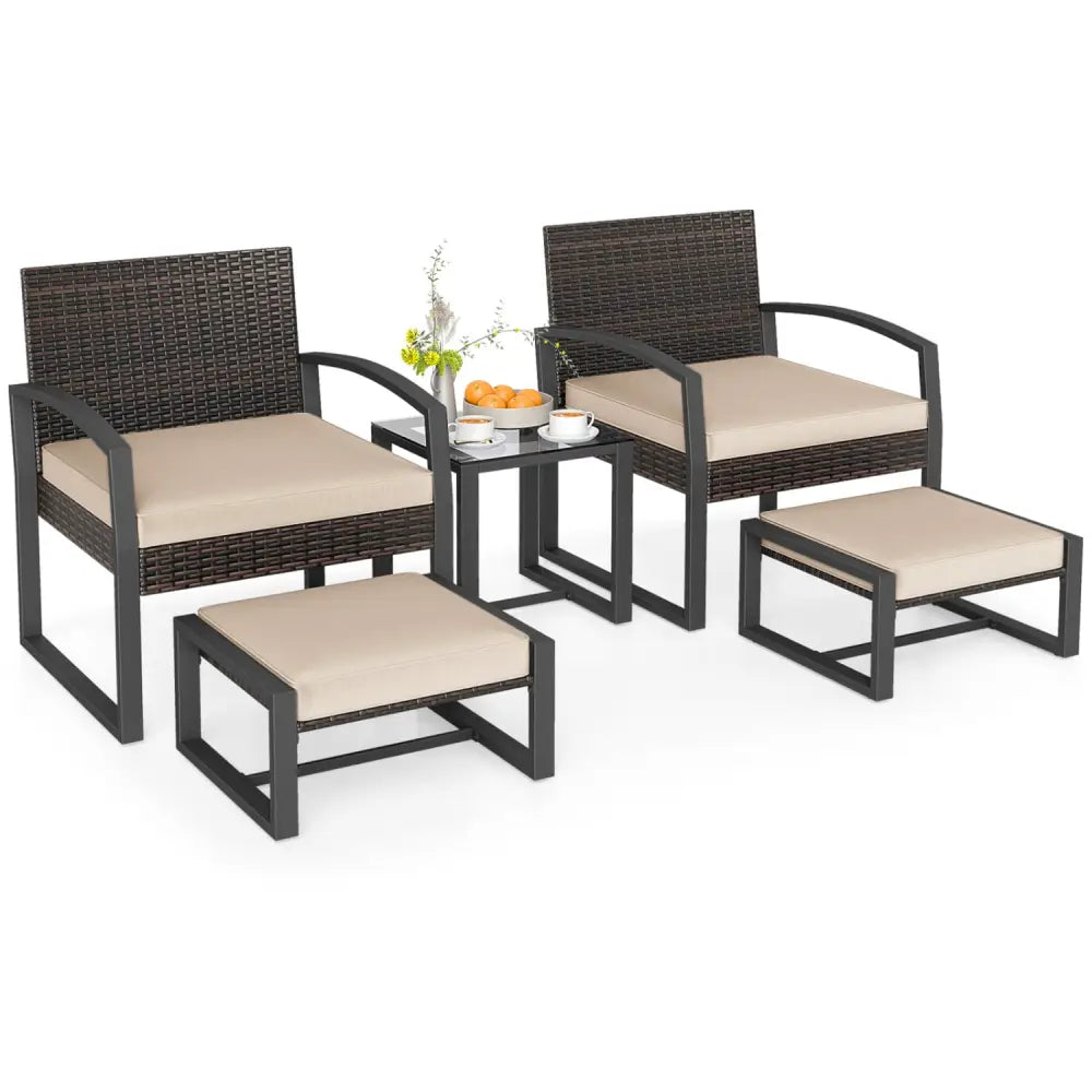 5-Piece Patio Conversation Set with 2 Ottomans and Tempered Glass Side Table-Beige - Beige - Patio Conversation Sets