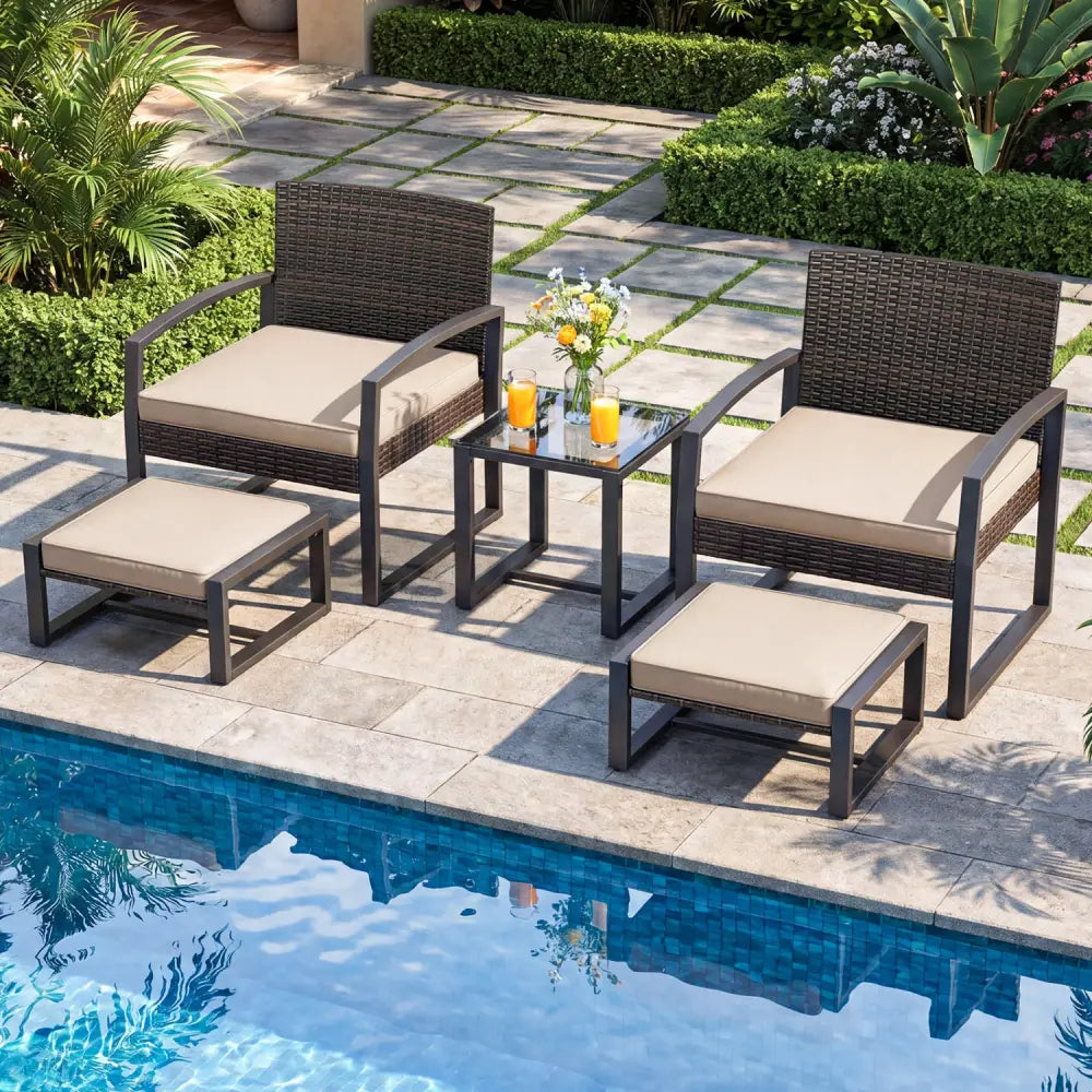 5-Piece Patio Conversation Set with 2 Ottomans and Tempered Glass Side Table-Beige - Beige - Patio Conversation Sets