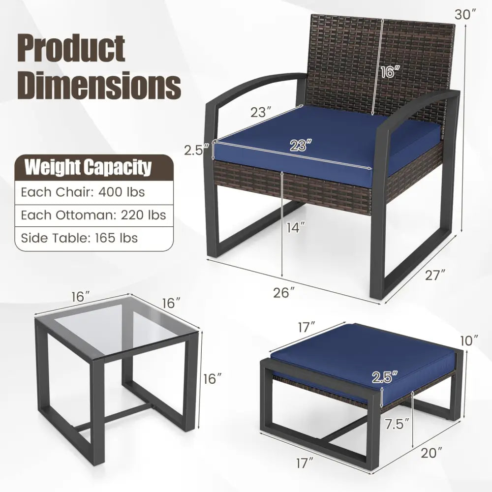 5-Piece Patio Conversation Set with 2 Ottomans and Tempered Glass Side Table-Navy - Navy - Patio Conversation Sets
