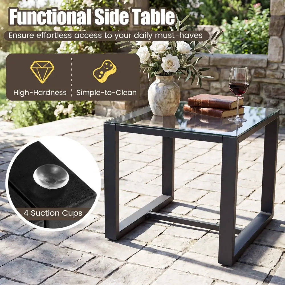 5-Piece Patio Conversation Set with 2 Ottomans and Tempered Glass Side Table-Beige - Beige - Patio Conversation Sets