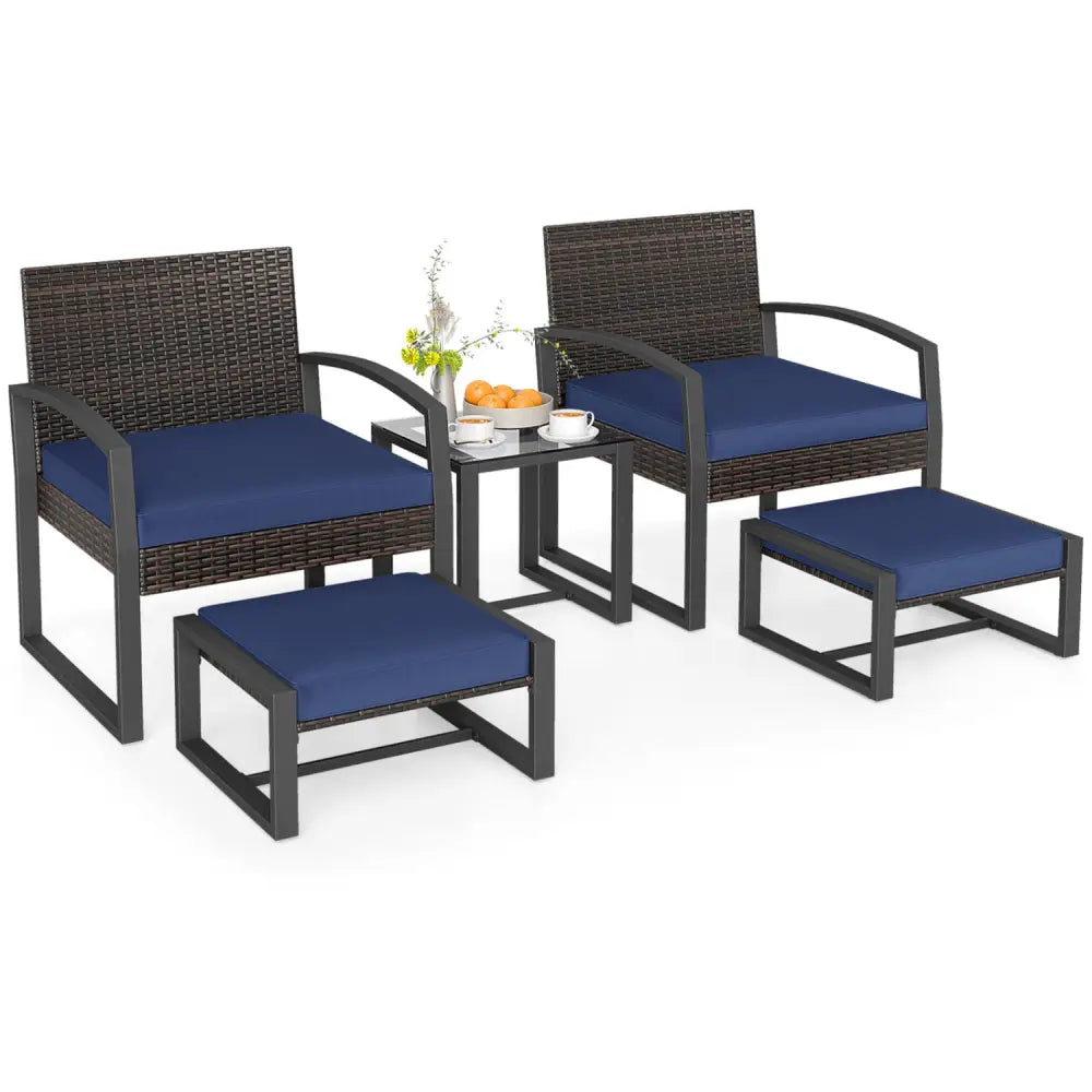 5-Piece Patio Conversation Set with 2 Ottomans and Tempered Glass Side Table-Navy - Navy - Patio Conversation Sets