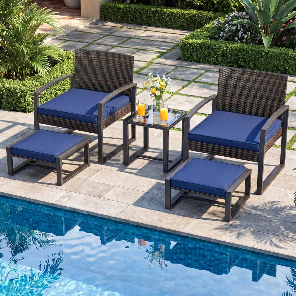 5-Piece Patio Conversation Set with 2 Ottomans and Tempered Glass Side Table-Navy - Navy - Patio Conversation Sets