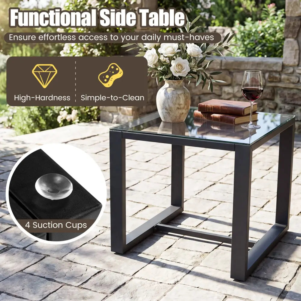 5-Piece Patio Conversation Set with 2 Ottomans and Tempered Glass Side Table-Beige - Beige - Patio Conversation Sets