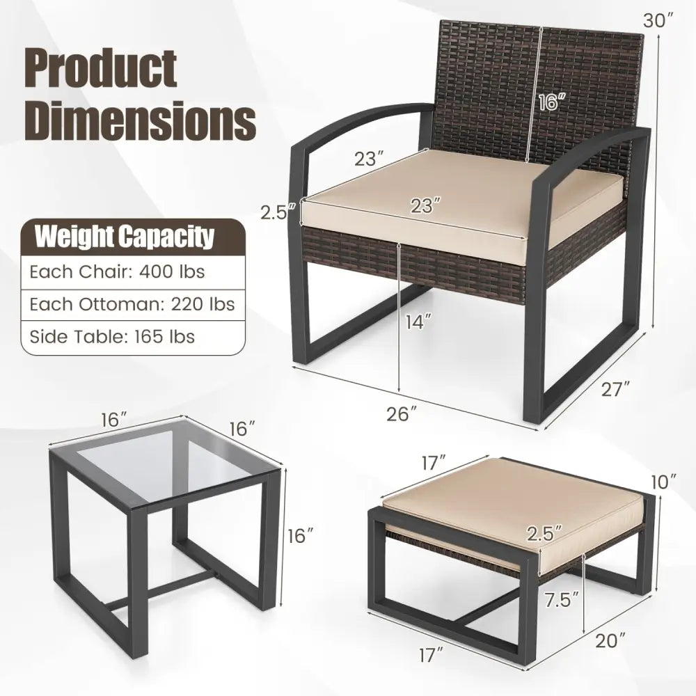 5-Piece Patio Conversation Set with 2 Ottomans and Tempered Glass Side Table-Beige - Beige - Patio Conversation Sets