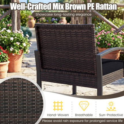 5-Piece Patio Conversation Set with 2 Ottomans and Tempered Glass Side Table-Black - Black - Patio Conversation Sets