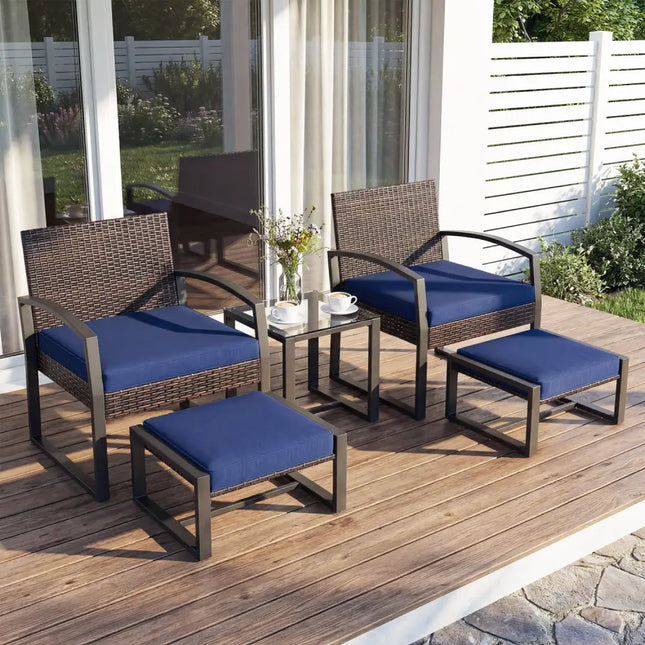 5-Piece Patio Conversation Set with 2 Ottomans and Tempered Glass Side Table-Navy - Navy - Patio Conversation Sets