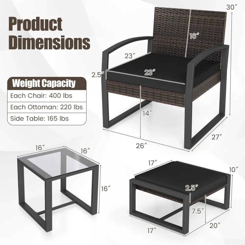 5-Piece Patio Conversation Set with 2 Ottomans and Tempered Glass Side Table-Black - Black - Patio Conversation Sets