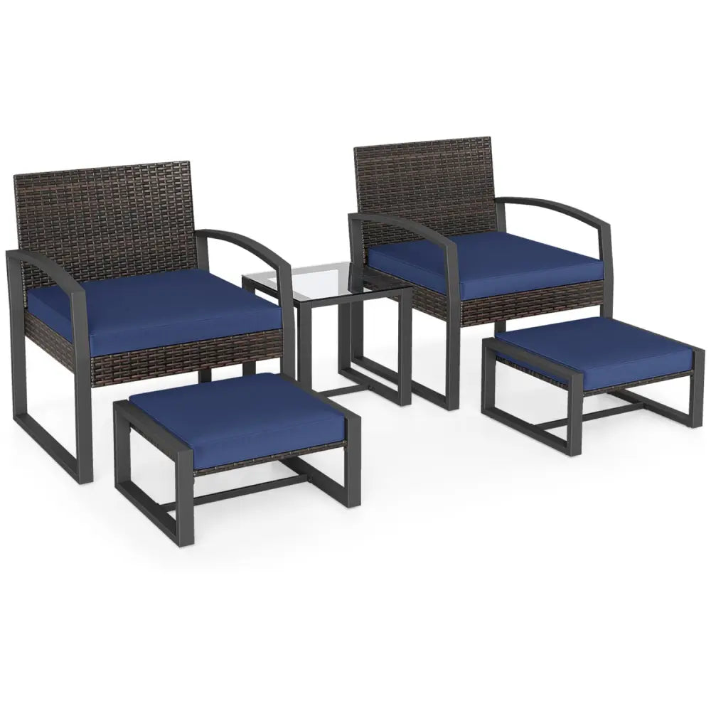 5-Piece Patio Conversation Set with 2 Ottomans and Tempered Glass Side Table-Navy - Navy - Patio Conversation Sets