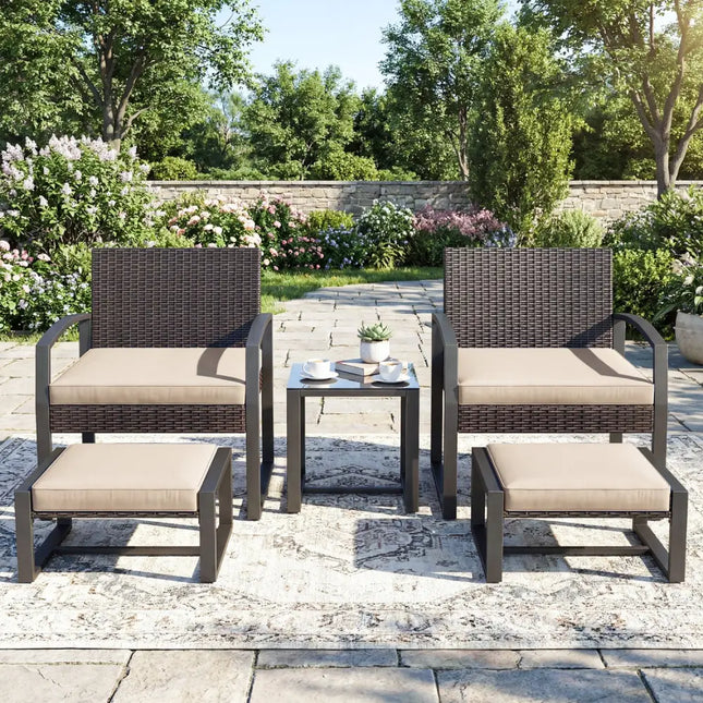5-Piece Patio Conversation Set with 2 Ottomans and Tempered Glass Side Table-Beige - Beige - Patio Conversation Sets