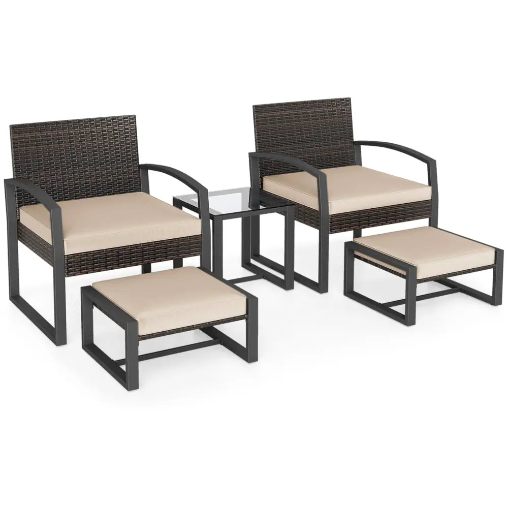 5-Piece Patio Conversation Set with 2 Ottomans and Tempered Glass Side Table-Beige - Beige - Patio Conversation Sets