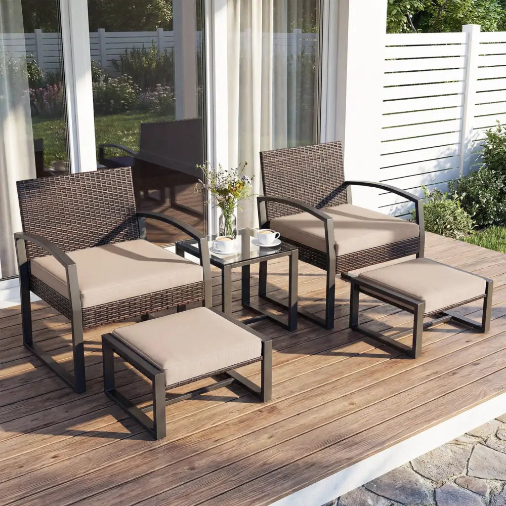 5-Piece Patio Conversation Set with 2 Ottomans and Tempered Glass Side Table-Beige - Beige - Patio Conversation Sets